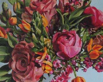 Arte impresionista, 10" x 10", pintura al óleo floral, arte original, naturaleza muerta floral, rosas, flores, mezcla floral, "Erupción" (n.° 20-16)