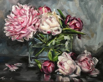 Blommig oljemålning/ Blommålning/ Blomsterkonst/ Rosa pioner/ Pionkonst/ Pionoljemålning/ Stilleben med pioner/ "Pioner" (170)