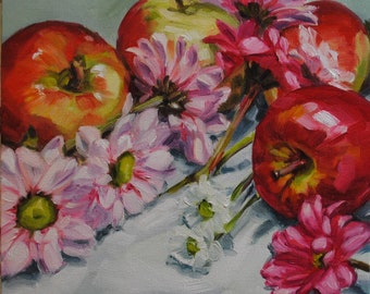 Floral Oil Painting/ 8" x 8" / Still Life/  Oil Painting / Apples / Pink Daisies /   "Red and Pink" (#104)