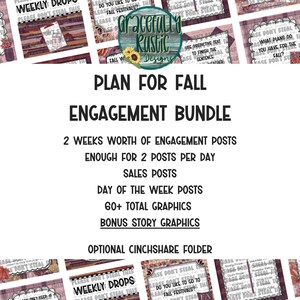 May include: A digital marketing plan for fall with 60+ graphics for social media posts. The graphics feature a fall theme with plaid, leaves, and pumpkins. The text on the graphics says "Please don't steal this" and "Weekly Drops".