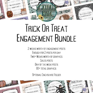 May include: A digital download of 80+ Halloween-themed graphics for social media engagement. The graphics include trick or treat, Halloween costumes, and trivia questions. The graphics are designed in a rustic style with black, white, and orange colors.