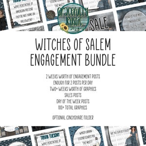 May include: A digital marketing bundle for social media featuring graphics for a Witches of Salem theme. The bundle includes 2 weeks worth of engagement posts, enough for 2 posts per day, two weeks worth of graphics, sales posts, day of the week posts, and 100+ total graphics. The bundle also includes an optional Cinchshare folder.