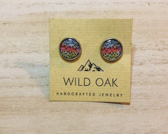 Rainbow trout earrings, 12mm, hypoallergenic, fly fishing jewelry, trout earrings, trout scale earrings