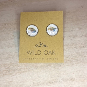 Fly fishing earrings, 12mm hypoallergenic silver setting.