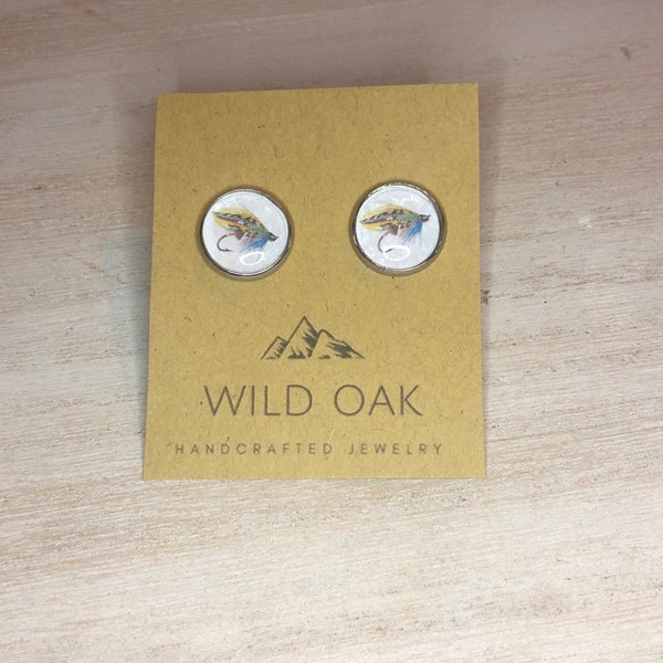 Fly fishing earrings, 12mm hypoallergenic silver setting.