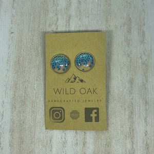 May include: A pair of round, silver-toned earrings with a colourful, abstract design. The earrings are displayed on a brown card with the text "WILD OAK HANDCRAFTED JEWELLERY" and social media icons.