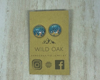 Brook trout earring studs, 12mm, hypoallergenic, trout earrings, fly fishing earrings, trout scale earrings