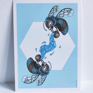 Print carte postale illustration numérique abeilles et miel bleu