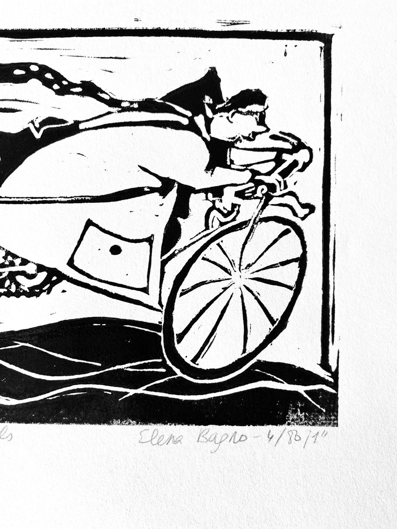 gift Wall art for home and office linocut hand printed etching - Speeding towards the goal Black and white motivating art
