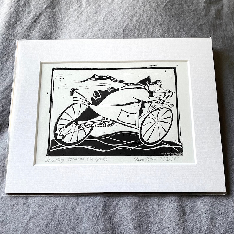 gift Wall art for home and office linocut hand printed etching - Speeding towards the goal Black and white motivating art