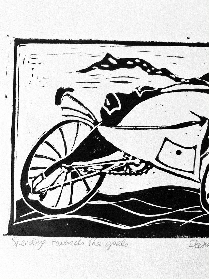 gift Wall art for home and office linocut hand printed etching - Speeding towards the goal Black and white motivating art