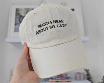 Wanna hear about my cat? Baseball Cap. Pet parent gift for cat lovers. Blue, Pink, Beige Dad Cap.