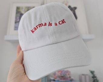 Karma is a Cat - Baseball Cap. Taylor Swift Cat Mom Gift. Swiftie Present. Blue, Pink, Beige Dad Cap.