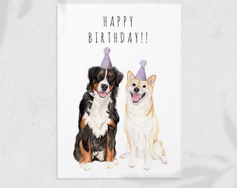 Happy Birthday - Dog Greeting Card - Bernese Mountain Dog & Shiba Inu