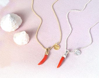 Collar con amuleto de la suerte Corno italiano, coral auténtico, cadena de plata chapada en oro o plata de ley, TA235