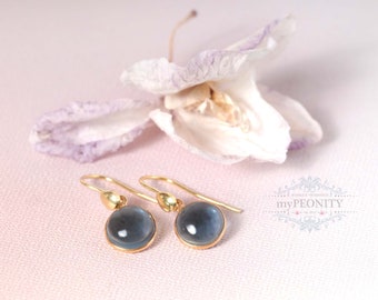 Dark blue water sapphire earrings, iolite gemstone, short gold earrings, blue gemstone drop earrings, everyday jewelry, TO172
