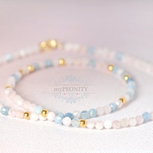 Collana morganite in oro rosa blu pastello placcato o argento, delicato girocollo di pietre preziose, collana lunga da donna, set di gioielli, collana, TKg-003