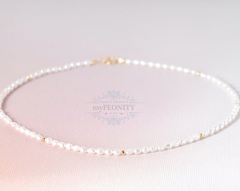 Collana delicata di perle di semi, placcata in oro, catena in argento sterling, piccoli gioielli di perle bianche, catena girocollo di mini perle, set di gioielli, TKg005