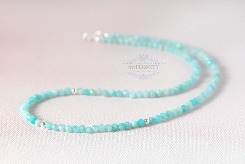 Delikat halsband tillverkat av amazonit ädelsten, guld eller silver, turkos sommarsmycken surfhalsband amazonit, minimalistiskt halsband, TKg-001 Sterlingsilber 40 cm