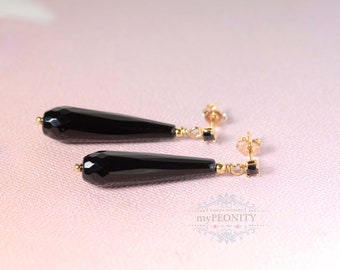 Schwarze Onyx Edelstein Tropfen Ohrringe, minimale klassische Ohrstecker Geschenk, Schmuckset, Art Deco Schmuck, lange Hängeohrringe, TO144