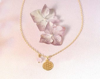 Delicado collar Flor de la Vida con cuarzo rosa, colgante Flor de la Vida Yoga bañado en plata y oro, símbolo protector, TA237