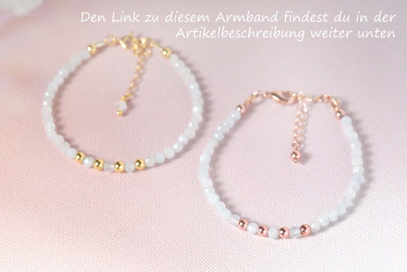 May include: Two delicate bracelets with white beads and gold or rose gold accents. The bracelets are on a pink background.