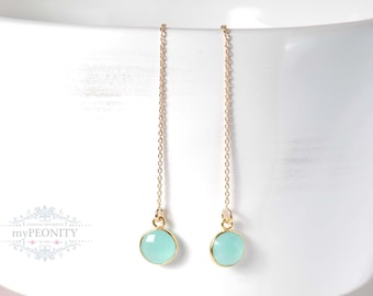 Light turquoise chalcedony threader earrings, pull-through earrings with stone, ear threaders with chain, long chain earrings, threading earrings, TO164