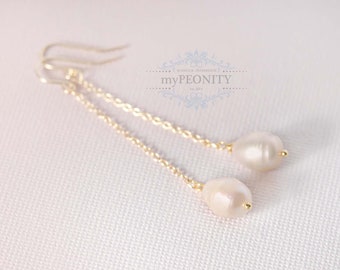 Dangling freshwater pearl earrings, pearl drop earrings, long simple gold silver earrings, minimalist pearl jewelry, TO122