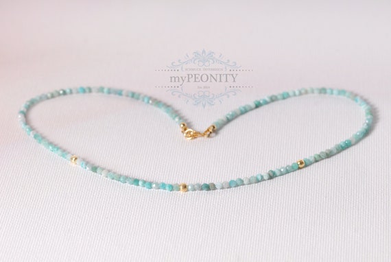 Zierliche Halskette aus Amazonit Edelstein, Gold oder Silber, Türkis Sommer Schmuck Surf Halskette Amazonit, minimalistische Kette, TKg-001