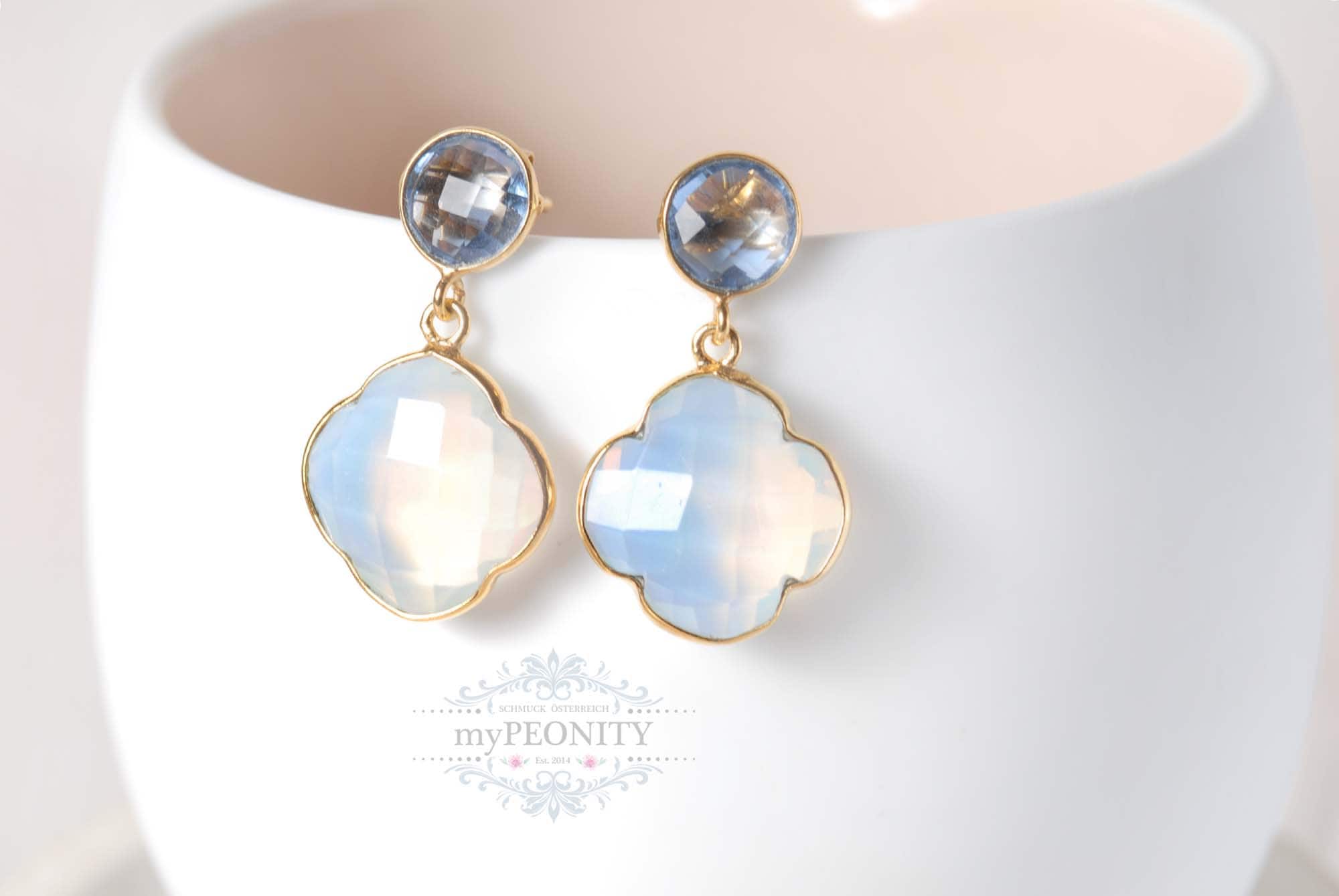 Clover leaf earrings, tanzanite, opalite stud earrings, lucky jewelry, lucky clover jewelry, blue hanging earrings, jewelry set, bridal jewelry, TO181