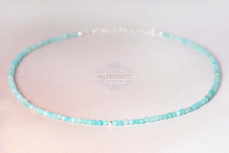 Delikat halsband tillverkat av amazonit ädelsten, guld eller silver, turkos sommarsmycken surfhalsband amazonit, minimalistiskt halsband, TKg-001 Sterlingsilber 43 cm