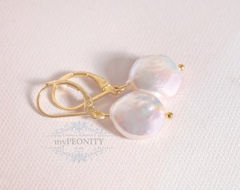 Freshwater pearl earrings, flat coin freshwater pearls, large pearl earrings, romantic bridal jewelry, minimalist jewelry set, TO083