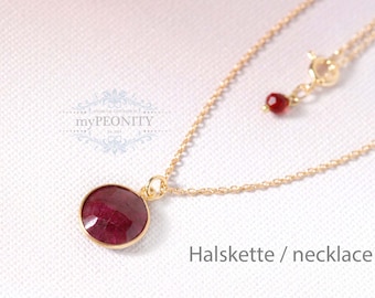 Roter Rubin Edelstein Halskette, zierliche Kette mit Edelstein, Geburtsstein Juli, echter Rubin Schmuck, Schmuckset, Satellitenkette, TA163