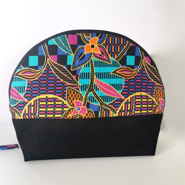 Trousse maquillage - Accessoire pour femme - Pochette de rangement en wax multicolor - Trousse bi matière arrondie