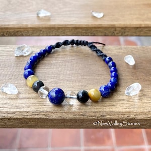Protector : Beaded Bracelet with Lapis Lazuli, Quartz, Black Obsidian, Golden Tiger Eye, Unisex Design, Gemstone Bracelet &quot;Jolly Gold&quot;