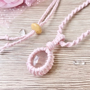 Macrame Necklace with Rose Quartz, Gemstone Necklace, Pink Necklace, Semi Precious Stones, Adjustable Necklace &quot;Rose Lavalier&quot;