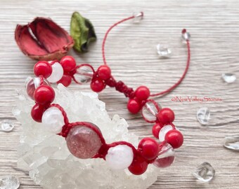 Beaded Bracelet with Pink Epidote in Quartz, Moonstone, Quartz, Red Coral, Macrame Bracelet, Gemstone Bracelet, Healing stone "Lovebit"