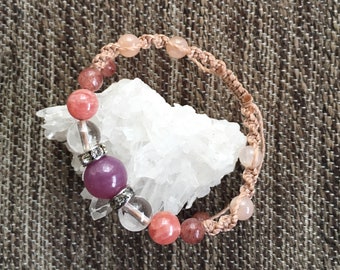 Beaded Bracelet with Ruby, Quartz, Rhodochrosite, Muscovite, Orange Moonstone, Gemstone Bracelet, Macrame Bracelet "Mended Gem"