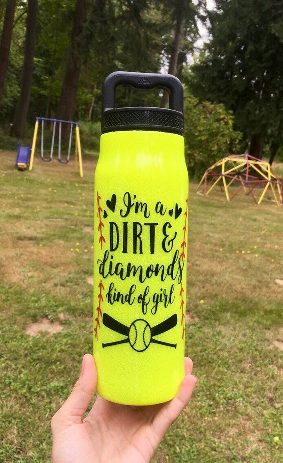 neon yellow softball cup Dirt on my diamonds softball tumbler girls sports tumbler