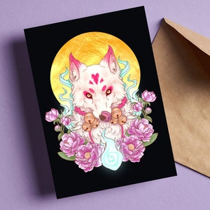 May include: A white wolf with pink markings and a glowing blue orb in front of it. The wolf is surrounded by pink flowers and a yellow moon. The background is black.