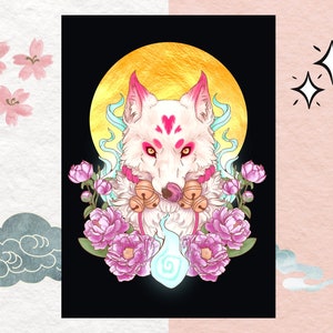 May include: A white wolf with pink accents and a glowing blue spirit, surrounded by pink flowers, against a black background with a gold moon.