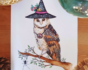Witch owl and spider print, cottagecore decoration and fantasy art watercolor, fairy tale illustration.