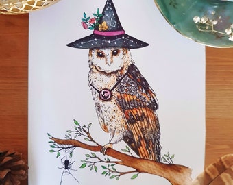 Witch owl and spider print / cottagecore decoration and fantasy art watercolor, fairy tale illustration.