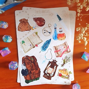 Folha de adesivos Adventure DnD | ilustração de fantasia de Dungeons and Dragons Roll, adesivos Bujo Scrapbook - Bullet Journal Diary