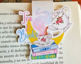 Tea & books magnetic book mark cottagecore stationery | Cute Bookstack, gift for her vintaga and cozy, Bookish Aesthetic, book lover gift