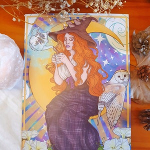 May include: A tarot card illustration of a witch with long red hair wearing a brown pointed hat and a purple plaid dress. She is holding a cup and sitting on a crescent moon. A white owl is perched on the moon behind her. The card is titled "The Witch".