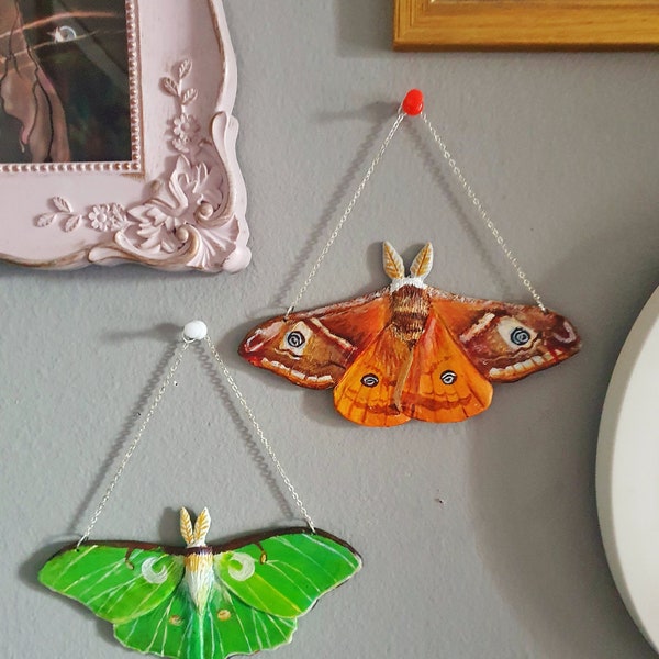 Emperor moth, wall hanging, cottagecore decor, pavonia, green witch, altar decor.