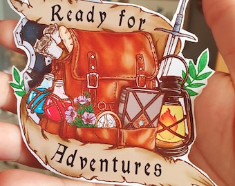 May include: A brown leather backpack with a compass, a lantern, a sword, and a vial of potion. The backpack is surrounded by a banner that reads "Ready for Adventures".
