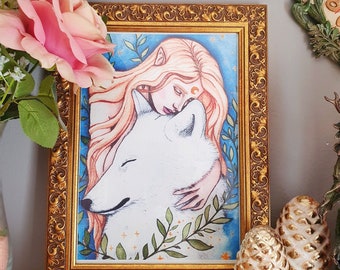 Mond und Wolf Print, Din A4 8x11 '' Print, Fantasy Art, Märchen, Aquarell.