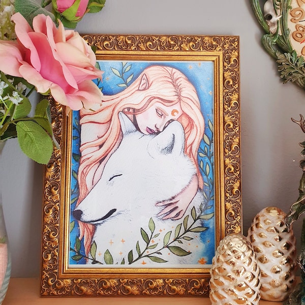 Moon and Wolf Print, Din A4 8x11 '' Print, Fantasy Art, Fairy Tale, Watercolor.